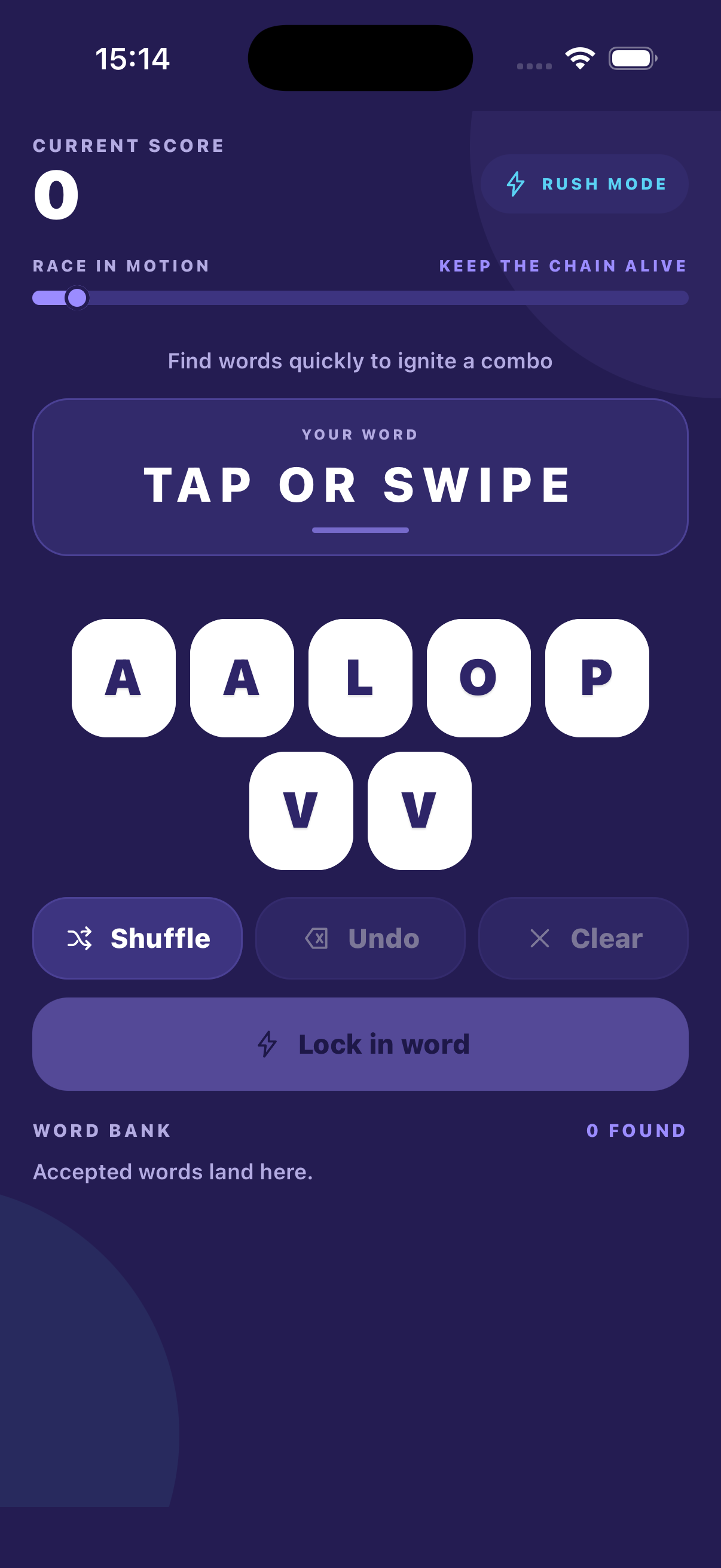 Letterbolt gameplay with a sleek left-to-right race progress bar, letter rack, score, and word bank